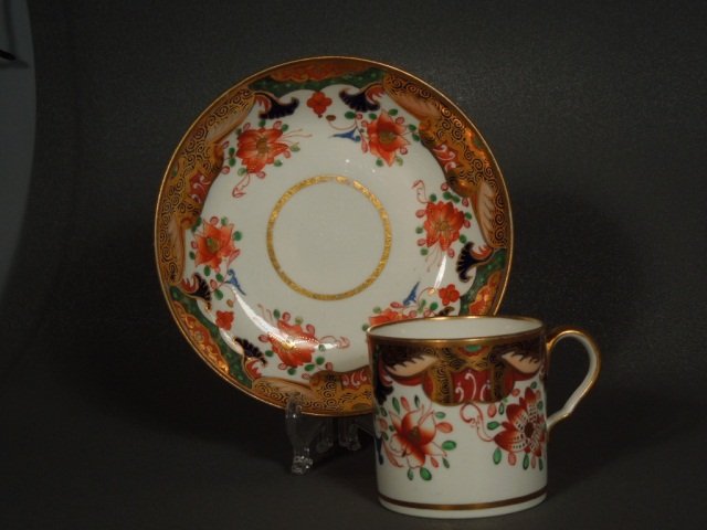 SPODE, COFFEE CAN & SAUCER, c.1805. #1645: SPODE, COFFEE CAN & SAUCER, c.1805. Japan" Imari pattern in under glaze blue, over painted in iron-red, pink and green. Richly gilded. Pattern #1645 Circa 1810. Good condition. #2