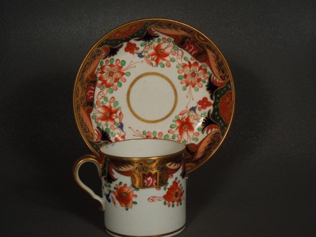 SPODE, COFFEE CAN & SAUCER, c.1805. #1645: SPODE, COFFEE CAN & SAUCER, c.1805. Japan" Imari pattern in under glaze blue, over painted in iron-red, pink and green. Richly gilded. Pattern #1645 Circa 1810. Good condition. #4