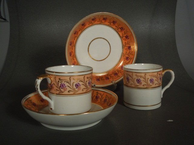 Fine English Coffee Cans & Saucers Circa 1810: Fine Quality early 19th century Coffee Cans and saucers. Made by one of the important porcelain makers Circa 1800-20. These all came from the Wagner Estate. Good condition.