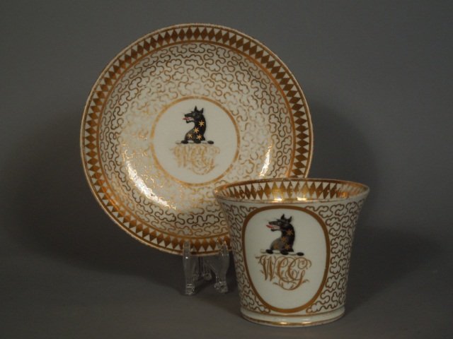 English Armorial Porcelain Cup & Saucer Circa 1810: Fine quality Early 19th century Armorial porcelain Cup and saucer with the pattern #440 Circa 1810. Measures 2 3/4" tall. Made by one of the important porcelain makers Circa 1800-20. These all came fr