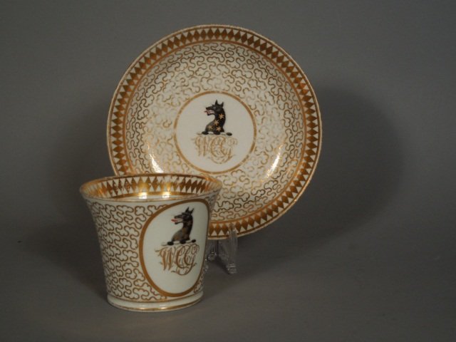 English Armorial Porcelain Cup & Saucer Circa 1810: Fine quality Early 19th century Armorial porcelain Cup and saucer with the pattern #440 Circa 1810. Measures 2 3/4" tall. Made by one of the important porcelain makers Circa 1800-20. These all came fr
