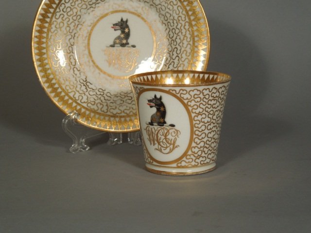 English Armorial Porcelain Cup & Saucer Circa 1810: Fine quality early 19th century Armorial porcelain Cup and saucer with the pattern #440 these are smaller then the lots before Measures 2 1/2" tall. Made by one of the important porcelain makers Circa