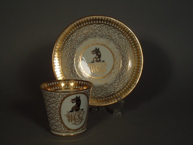 English Armorial Porcelain Cup & Saucer Circa 1810: Fine quality early 19th century Armorial porcelain Cup and saucer with the pattern #440 these are smaller then the lots before Measures 2 1/2" tall. Made by one of the important porcelain makers Circa