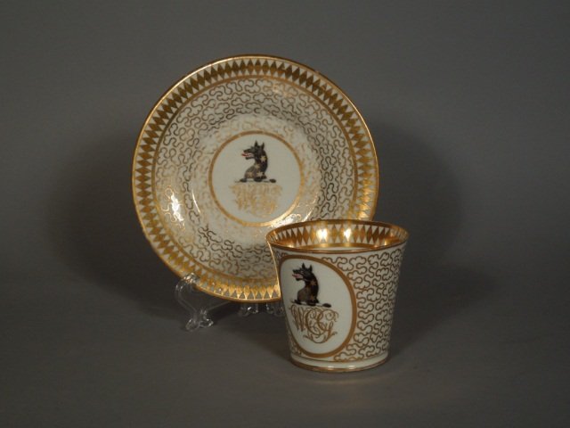 English Armorial Porcelain Cup & Saucer Circa 1810: Fine quality early 19th century Armorial porcelain Cup and saucer with the pattern #440 these are smaller then the lots before Measures 2 1/2" tall. Made by one of the important porcelain makers Circa