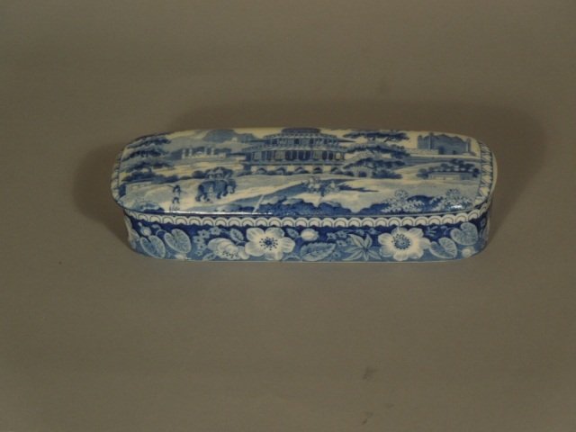 Fine Historical Blue Staffordshire Pen Holder: Early 19th century blue Staffordshire pen holder box in very good condition. Circa 1820 measures 7 3/4".