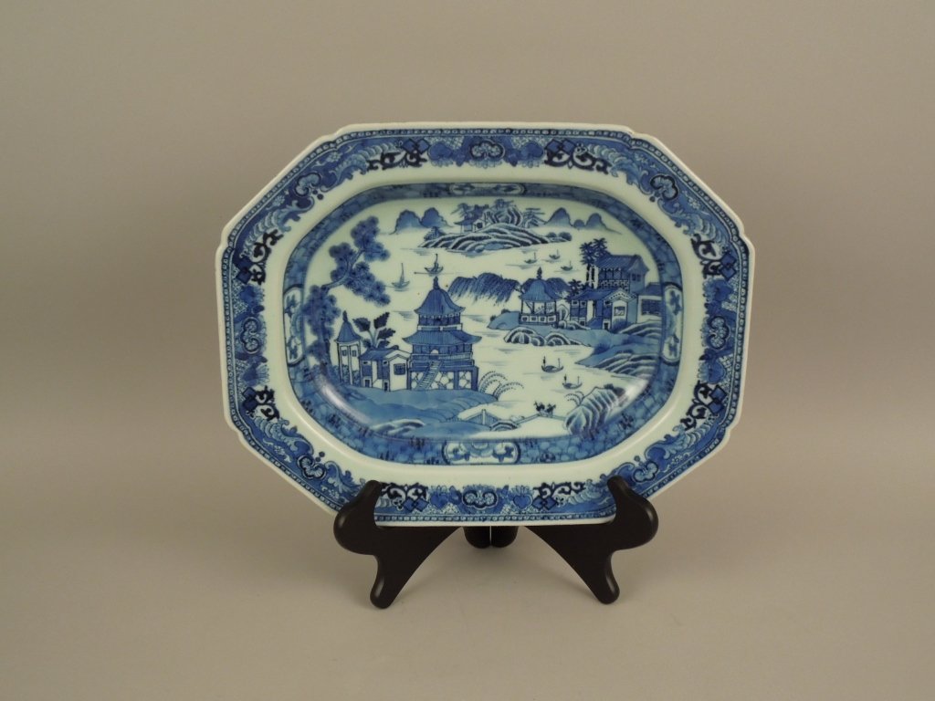 Chinese 18th C. Blue/White Qianlong Period Platter: Fine Chinese blue/white large Qianlong period deep serving platter; circa 1760; measures 14" by 2 1/2" tall; good condition; minor glaze frits.