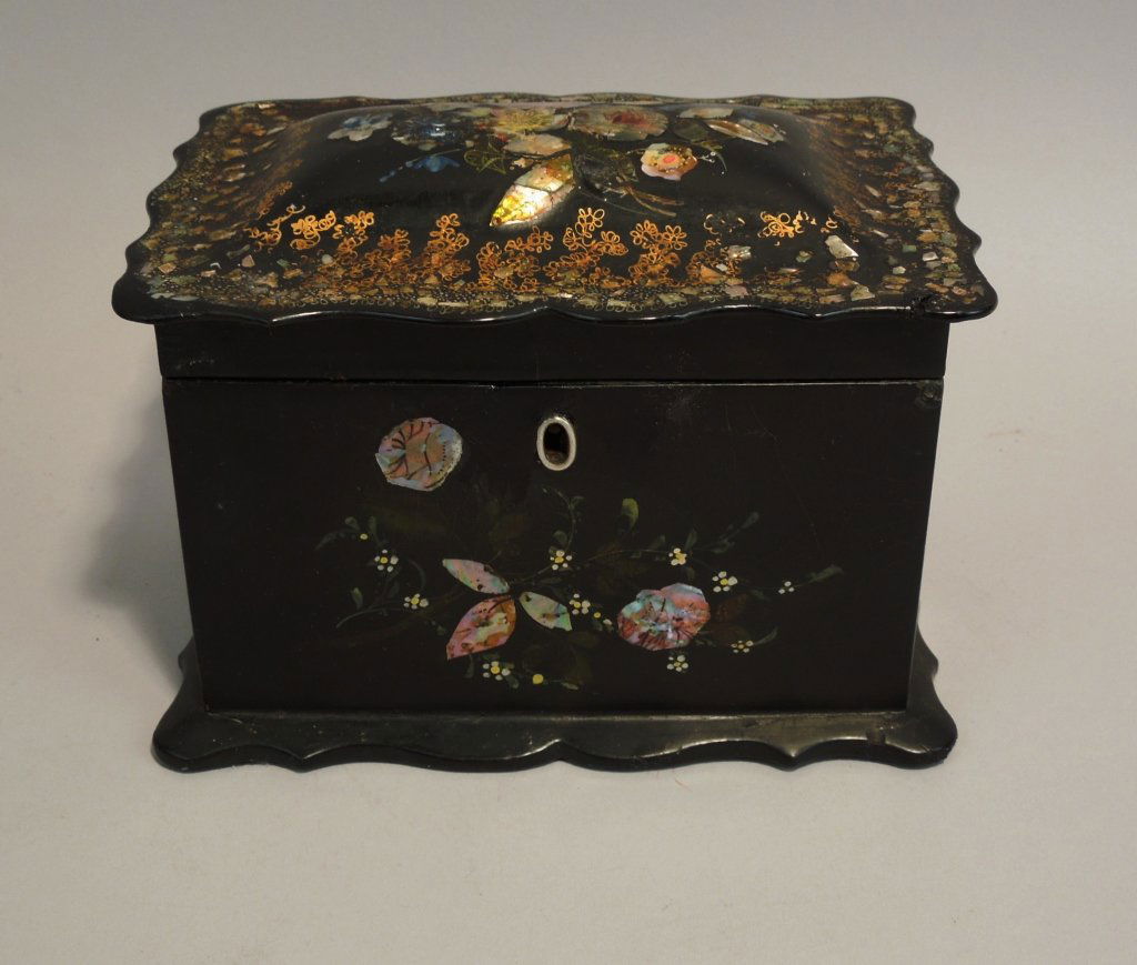 Antique Victorian English Papier Mache Tea Caddy: Antique Victorian English papier mache tea caddy; made from lacquered black papier mache, inlaid with shimmering abalone along with gold accent painting; measures 6 5/8" by 5".