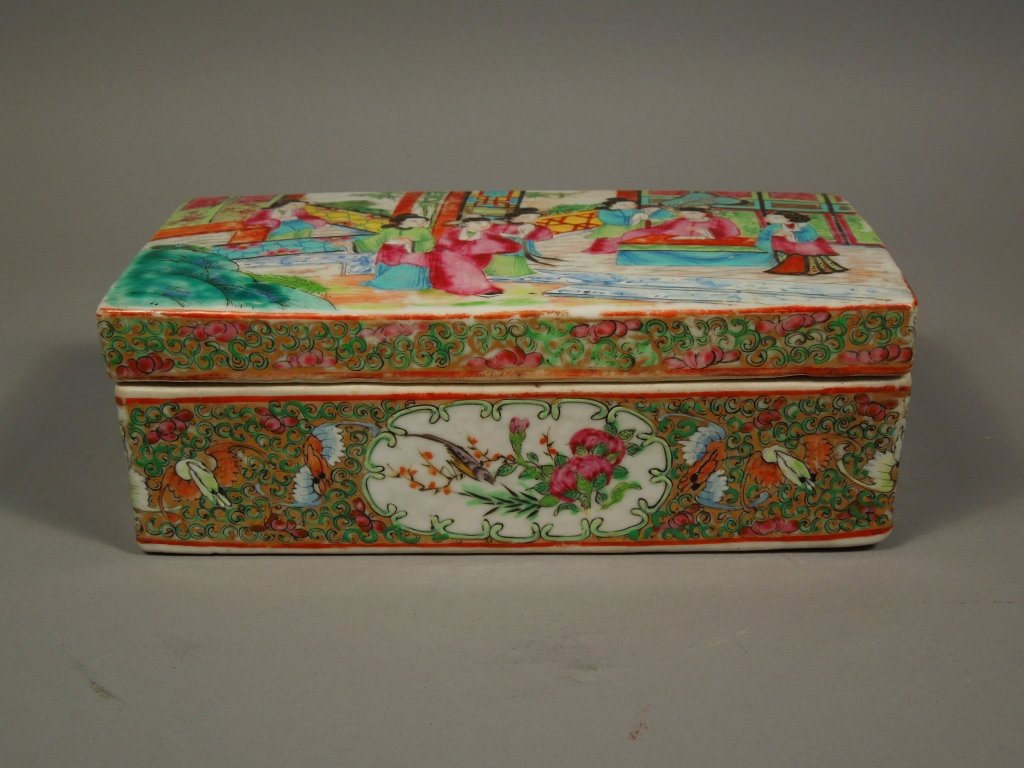 Antique Chinese Export Rose Mandarin Brush Box: Chinese export rose mandarin Cantonese brush box; early 19th century with fine enamel painting of bats, flower sprays and figures; with a gold background and accents; measures 7 1/4". We will be offer