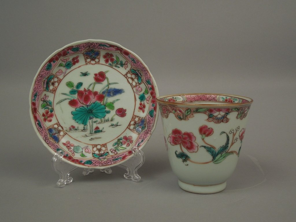 Chinese Yongzheng Period Wine Beaker and Dish: Chinese Yongzheng period (1723-35) beaker and dish; these are two different pieces in this lot; one is a flared rim Wine beaker and the other one is a saucer dish; beaker measures 3 1/8" tall; saucer 