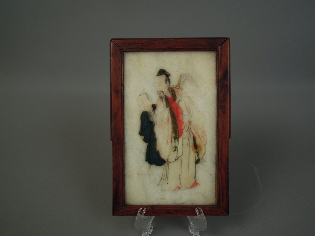 Antique Chinese Rosewood Framed Marble Tablet: Antique 18th/19th century Chinese Rosewood framed marble or soapstone painted tablet with Chinese character writing on back; measures 7" by 4 1/2"; all three of these tablets came from the Kaul estate