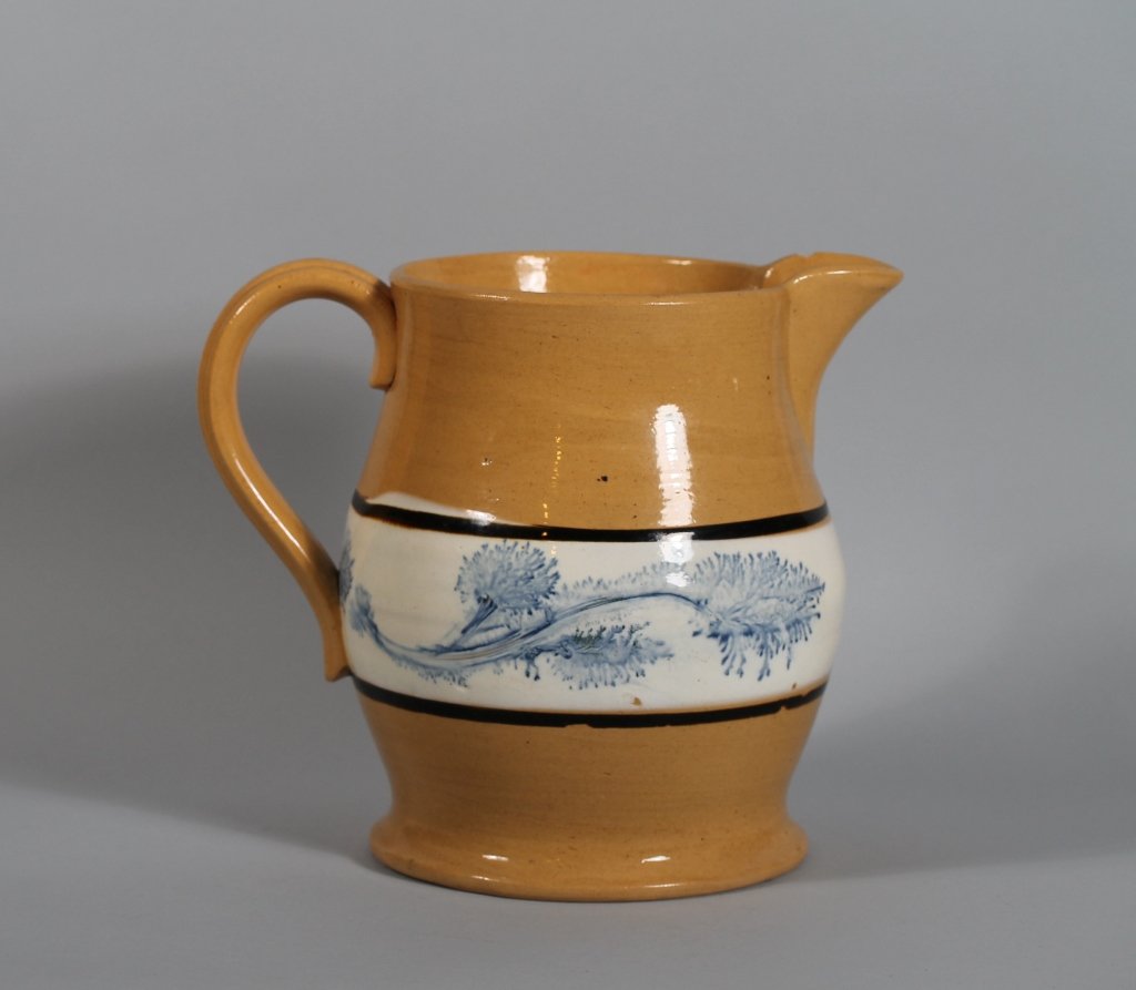American Antique Mocha Yelloware Lg, Pitcher: American Antique 19th century Mocha Yelloware large pitcher: measures 7 1/2" tall