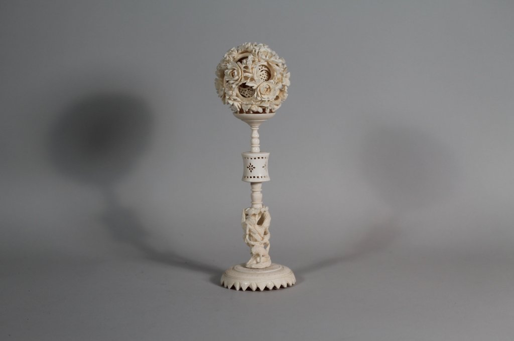 Good Size Chinese Ivory Puzzle Ball on Stand: Very good quality Chinese Ivory large puzzle ball on stand; measures 9 1/4" tall