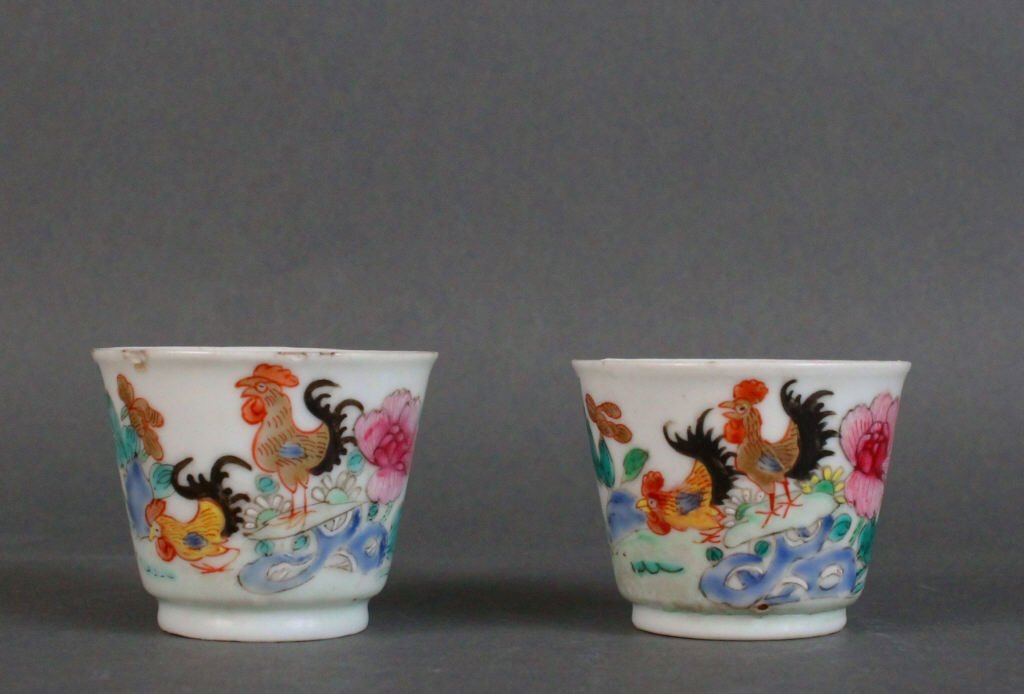Pr. Chinese Yongzheng(1723-1735) Cockerel Tea Cups: Chinese Yongzheng period (1723-1735) semi-eggshell cockerel tiny tea cups with old antique labels measures 1.75 inches in diameter.