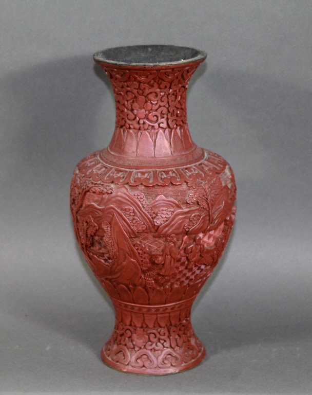 Chinese 19thc. Cinnabar Carved Vase: Fine quality 19th century cinnabar carved vase with banana leaf border. Measures; 10 inches tall.