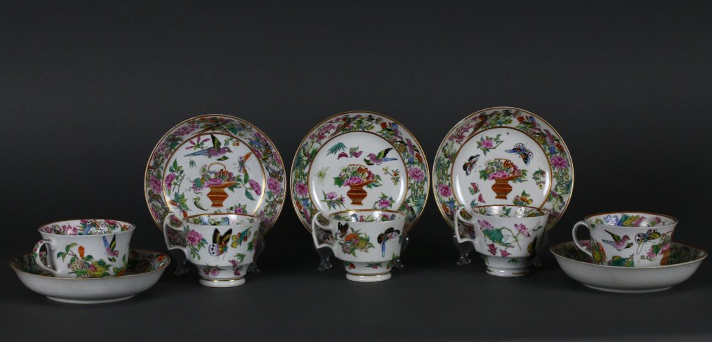 Group of Five 19th c. Rose Canton Cup & Saucers: Five 19th Century Rose Canton Cup And Saucers with beautiful decoration of Birds, Butterflies and Flowers; lots of gold high lighting; circa 1840/1860. Saucers measure 15cm / 6 inches in diameter. Cup