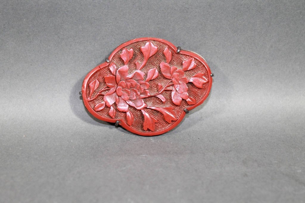 Antique Chinese Cinnabar Silver Brooch: Beautiful Chinese antique silver and cinnabar brooch; measures 2.5 inches in diameter.
