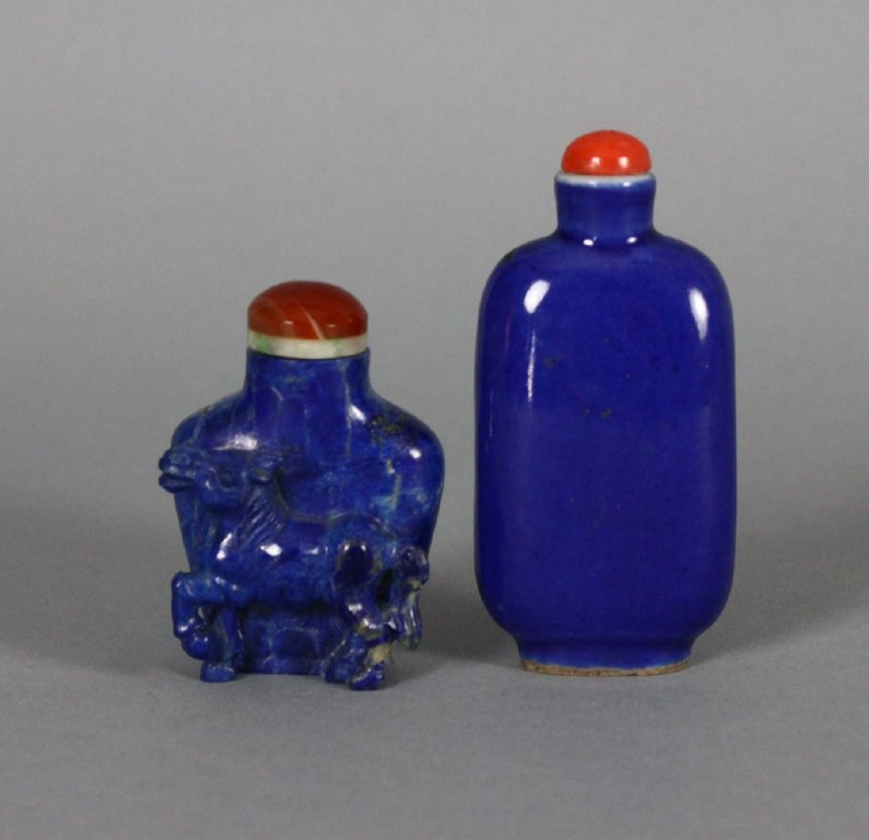 Two Chinese Agate Snuff Bottles: Two Chinese agate snuff bottles; one with a beautiful carving of a horse; both with hard stone stoppers; largest bottle measures 7 cm / 2.75 inches tall.