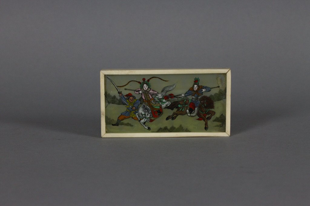 Antique Chinese Ivory Abacus: Hand-carved Ivory Abacus with fine detailed reverse painting on glass scene of Chinese warriors on horseback; measures 10 cm / 4 inches long by 5 cm / 2 inches wide. weight 92 grams.