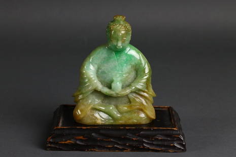 Fabulous Chinese Seated Guan Yin Jadeite Figure: Fabulous Chinese Seated (Guanyin) Bodhisattva Jadeite Figure on antique carved wood base; measures (11.5cm) 4.5'' tall.------------------------------------------------------------- The majority of the