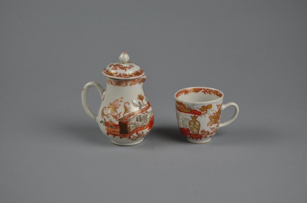 Chinese Export Grisaille and Iron Red Pitcher/Cup: Superb Quality 18th century Chinese Export Grisaille and Iron Red Sparrow Beak Pitcher and Tea Cup; with lid pitcher measures (12cm) 4.75" h.