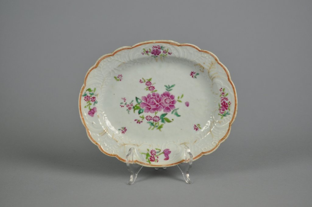 Chinese Qianlong Famille Rose 18thc Molded Platter: Chinese Qianlong Period Famille Rose 18thc Molded Platter; measures (19cm) 7.5" L. x (15cm) 6" w. / This collection, having belonged to Mrs. Dufeu's father Gylfe Burdin, has not been seen on the marke