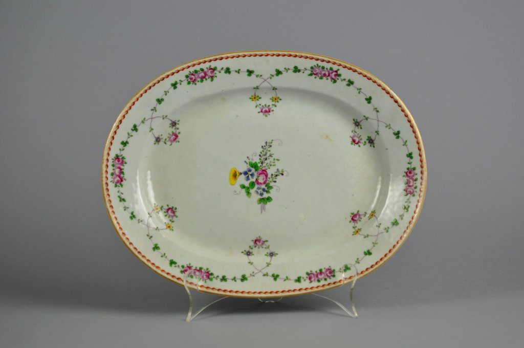 Chinese 18THC Qianlong Period Famille Rose Platter: Chinese 18THC Qianlong Period large Famille Rose Platter; measures (32cm) 12.25" L x (25cm) 9.75" w. / This collection, having belonged to Mrs. Dufeu's father Gylfe Burdin, has not been seen on the ma