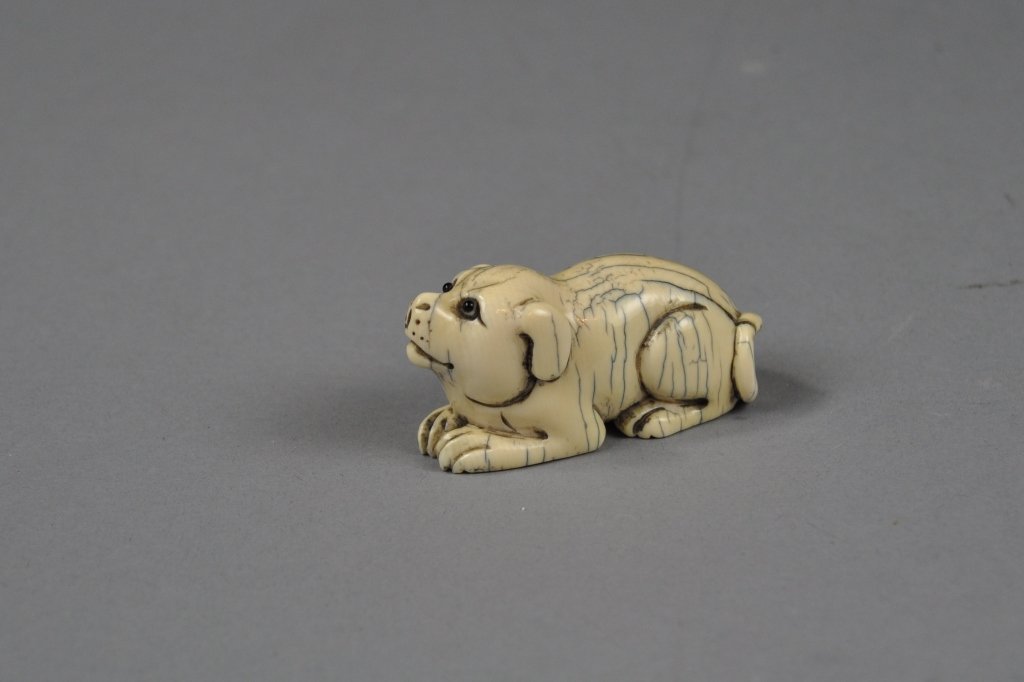 Antique Chinese or Japanese Carved Ivory Netsuke: Rare Antique 19th century Chinese or Japanese Carved Ivory Netsuke in the form of a Dog; measures (5.5cm) 2.75" h.