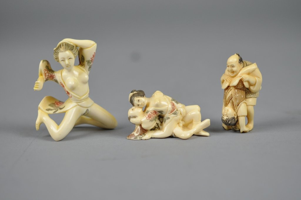Three Erotica Netsuke Carved Ivory Figures: Three Erotica Netsuke Carved Ivory Figures; largest measures (6cm) 2.25" h.