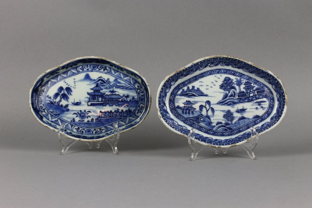 Two Chinese Export 18th c. Blue and White Trays: Two Chinese Export 18th Century Blue and White Trays. Glaze Fritting to edges with minor chip; Measures (18cm) 7'' in width.
