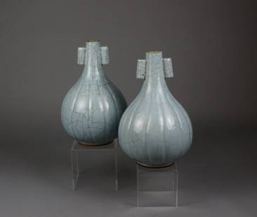 Rare Pair Chinese Mark and Period Guan-Type Vase: RARE GUAN-TYPE RIBBED BOTTLE VASE QIANLONG UNDERGLAZE-BLUE SEAL MARK AND OF THE PERIOD (1736-95) AND POSSIBLY FROM IMPERIAL KILM. .Heavily potted with lobed body below the plain cylindrical neck which