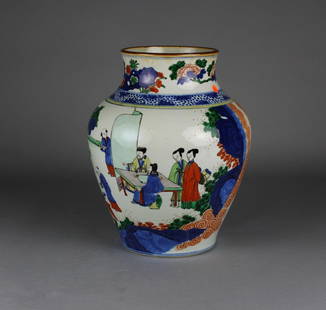 Chinese 17thc. Transitional Period Wucai Lg, Jar: Fabulous large 17th century Chinese Wucai large Jar with a wonderful continuous painted scene; underglaze blue Wanli mark and of the transitional period; good condition; measures 13" (33cm) h.