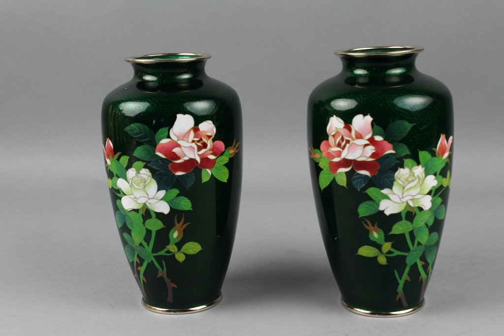 Pr. Beautiful Ando Japanese Cloisonne Green Vases: Pair of Beautiful Ando Japanese Cloisonne Green Floral Vases with roses;they have incised bamboo trees on back of vase. Each measures 7.5" high. Have been drilled.