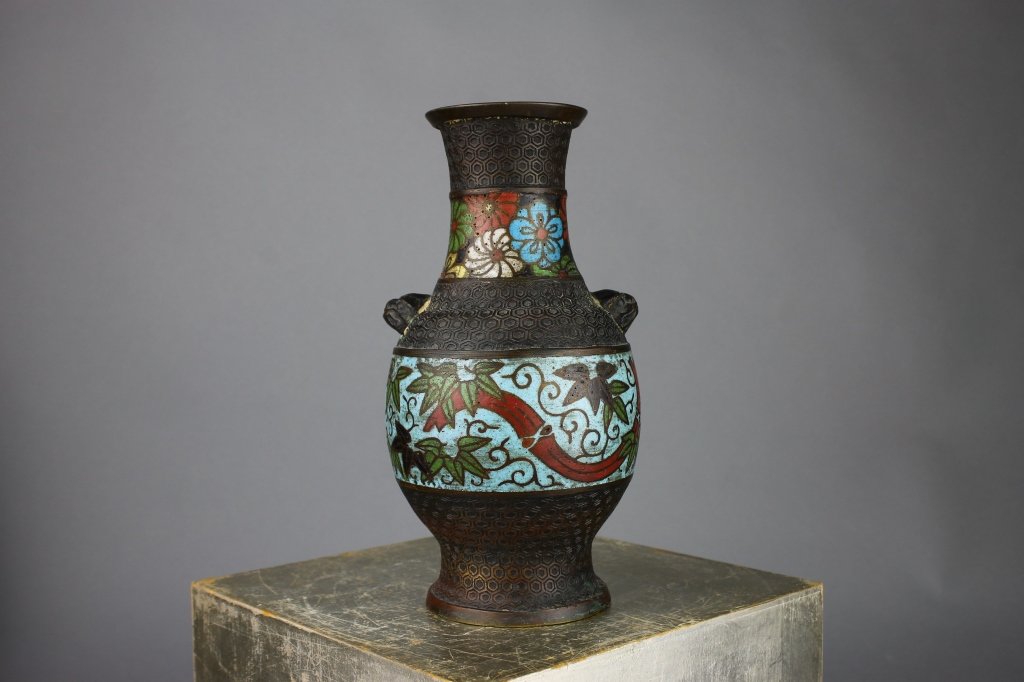 Antique Japanese Champleve Enameled Bronze Vase: Antique Japanese Small Brass Cloisonne Champleve Vessel Vase; measures 7.5". Good condition.