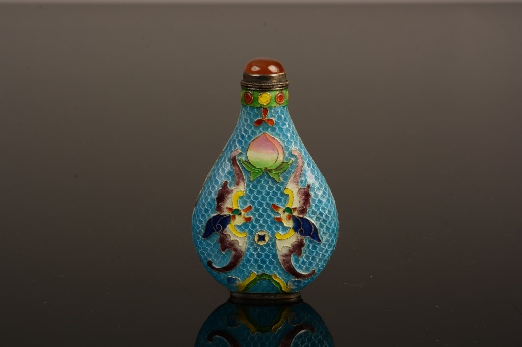 Chinese Silver Fish Scale & Enamel Snuff Bottle: Chinese Qing Dynasty marked Silver Fish scale & enamel and glass Snuff Bottle with a fabulous bat,peach and fish design; good condition; (7.5cm) 3" h.