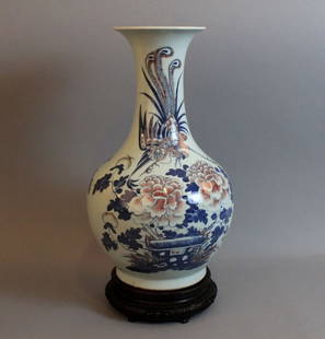 Chinese Kangxi Iron Red & Blue Peach Vase: Chinese 18/19th century iron red , sepia, and blue painted large baluster vase with a painting of a phoenix perched on peonies and peaches with a six character Kangxi mark and possibly of the period;