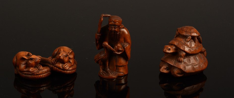 Lot of 3 Boxwood Netsukes Signed: Lot of 3 Boxwood Netsukes including a pair of rats with a snake, a scholar with a crane, and a group of three turtles. All are wonderfully carved,in excellent condition and all are signed. all three m
