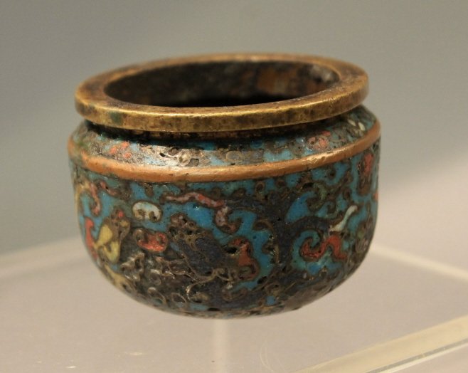 Chinese Ming Dynasty Censer: Chinese Ming Dynasty Censer with pitting which you want to see in a 15/16th century cloisonne censer; missing feet; measures 2" x 2" (5cm x 5cm)