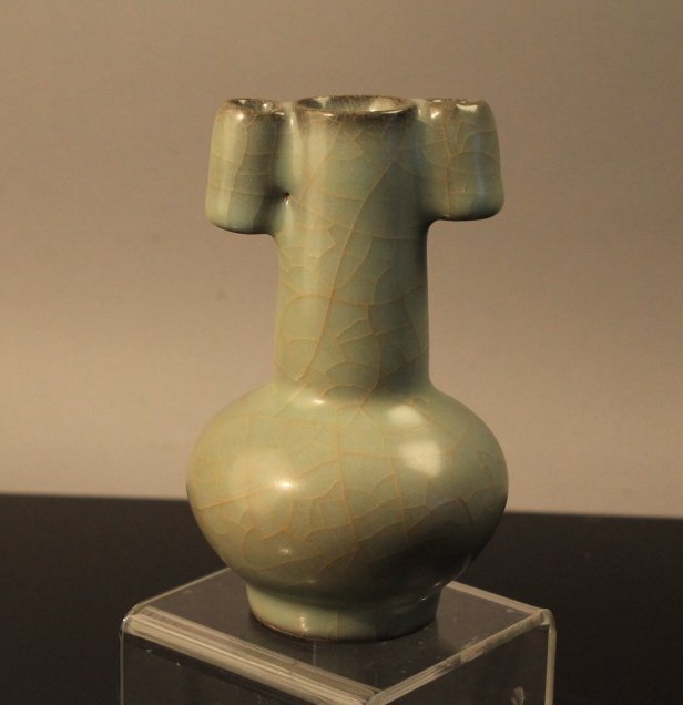 Chinese Lug Handled Ming Celadon Vase: Chinese Lug Handled Ming Celadon Vase with old collectors lable.; good condition; measures 5" h.
