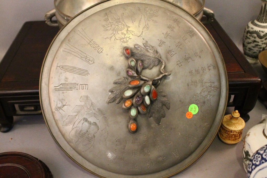 Chinese Yixing Pewter Covered Large Tureen: Chinese Yixing Pewter Covered Large Tureen; With Jade,Coral,Carnelian and amythest gems and dragon handles and incised character marks; good condition; measures 14" d.