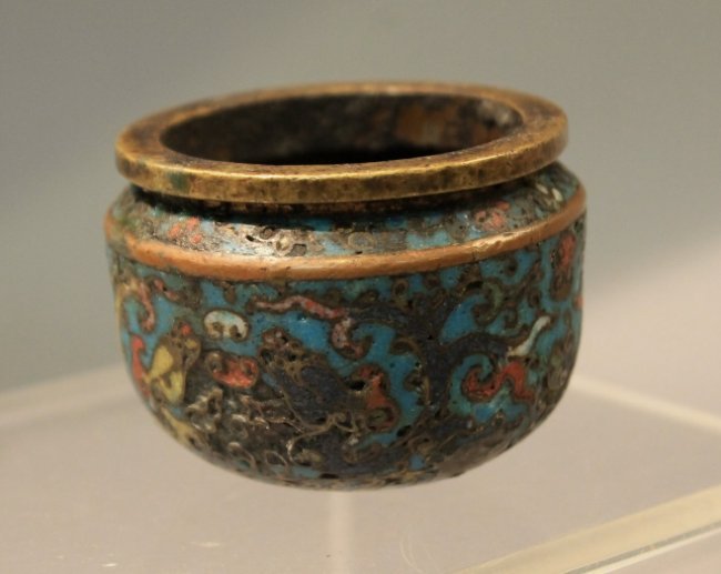 Chinese Ming Dynasty Censer: Chinese Ming Dynasty Censer with pitting which you want to see in a 15/16th century cloisonne censer; missing feet; measures 2" x 2" (5cm x 5cm)