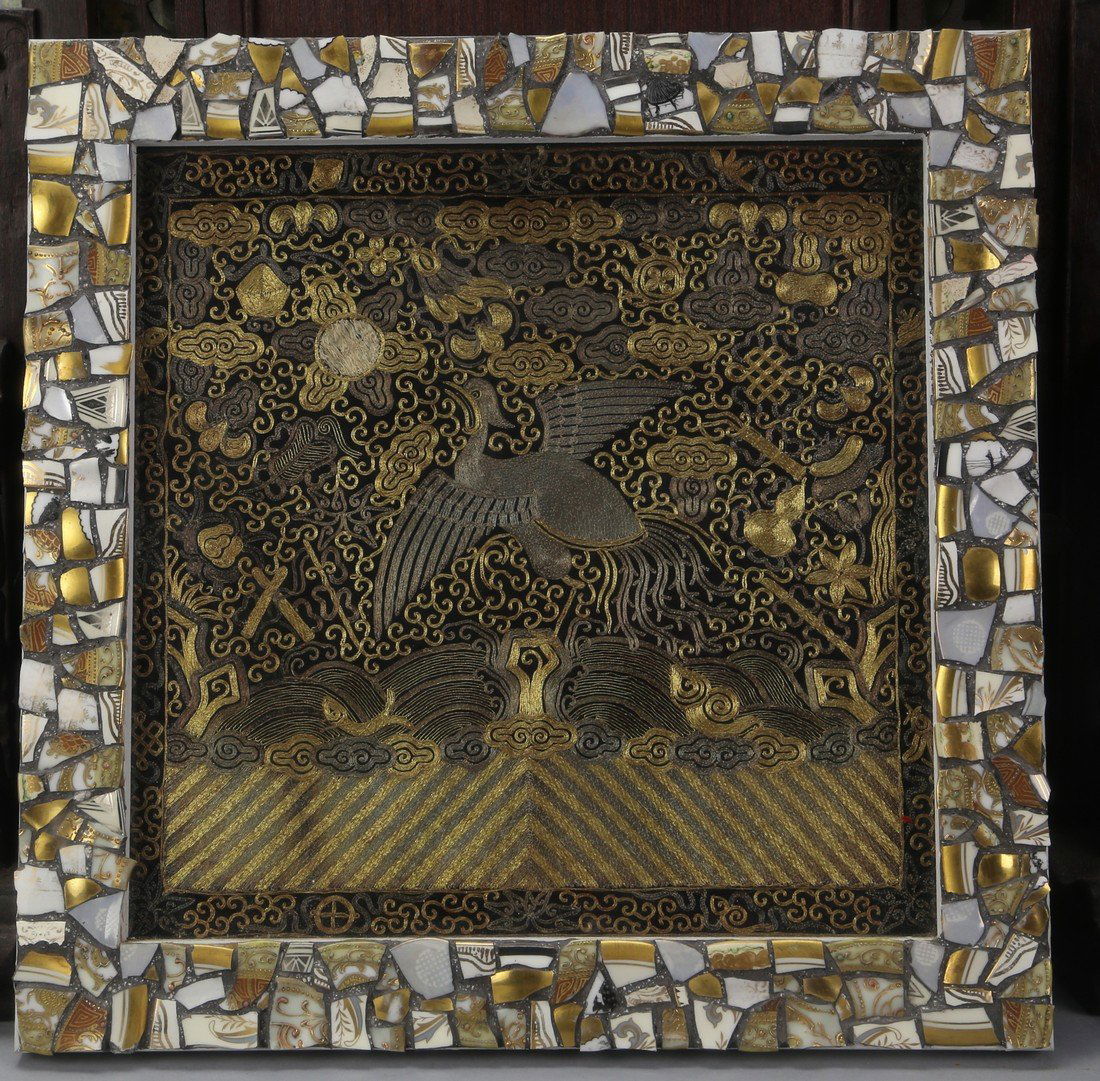 Chinese Silver Pheasant Qing Dynasty Rank Badge Antique: Antique beautifully embroidered 19th century Qing Dynasty Chinese rank badge, 5th rank silver pheasant, with five tail feathers that are wavy. Perched on a cloud above a sea pattern, also with bats an