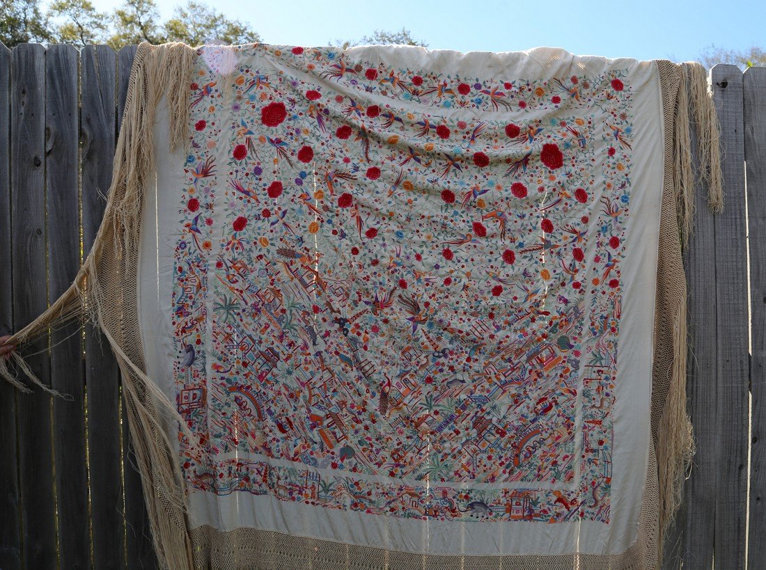 Antique Chinese Silk Embroidered Piano Shawl Antique: Antique Chinese Silk hand embroidered piano shawl. There are beautifully embroidered scenes with Chinese figures of people fishing, birds, phoenix, deer , peacocks, a pagoda, gazebo, gong, garden sett