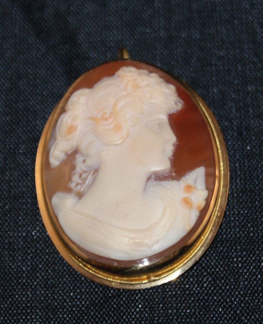 Artisan Carved Oval Shell & 750 Gold Cameo Brooch: Classical woman's face design set in 750 gold bezel. Bezel provides option to be either a brooch or pendant. Total weight of pendant: 6.22g. Measures approx: 1.5" tall x 1.125" wide