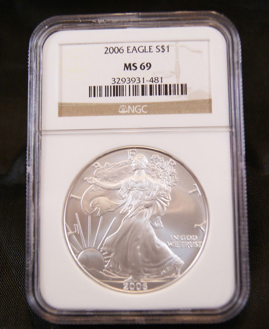 2006 Silver American Eagle Coin: 1 ounce fine silver. Graded MS69 by NGC.