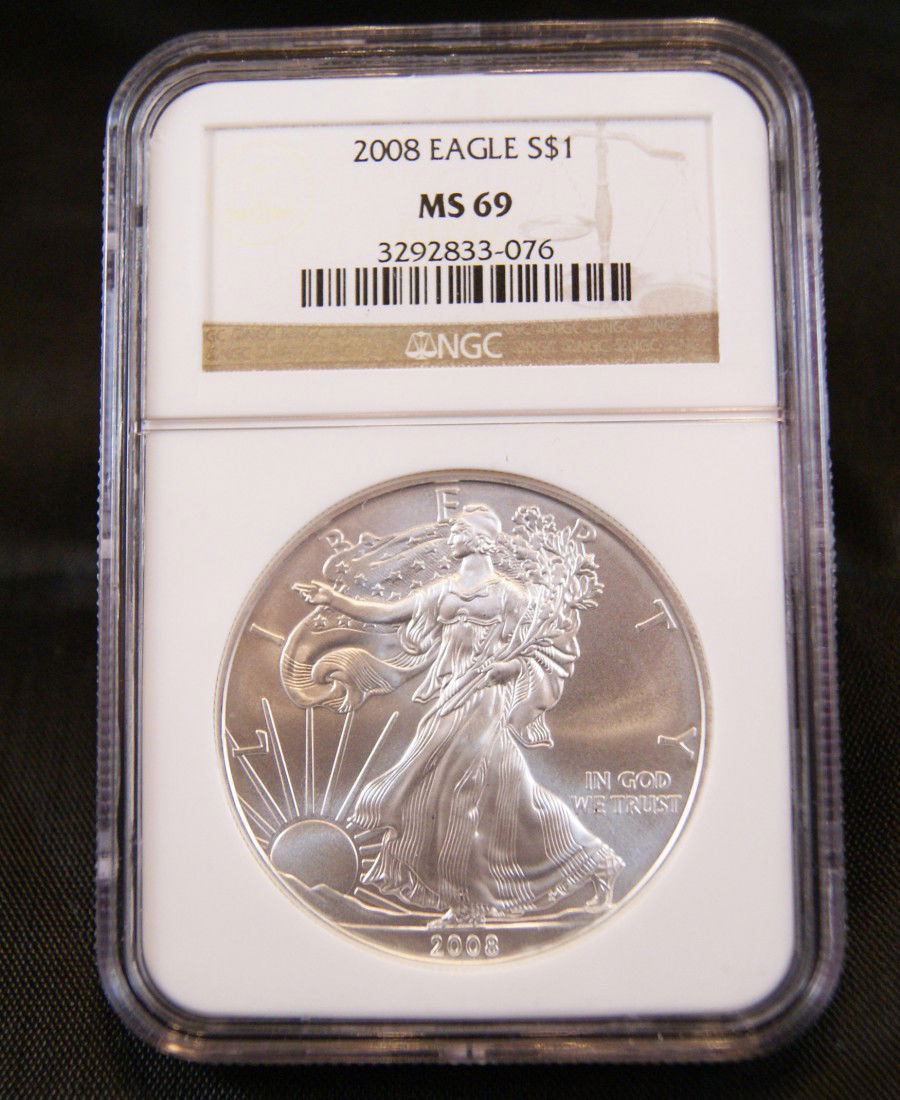 2008 Silver American Eagle Coin: 1 ounce fine silver. Graded MS69 by NGC.