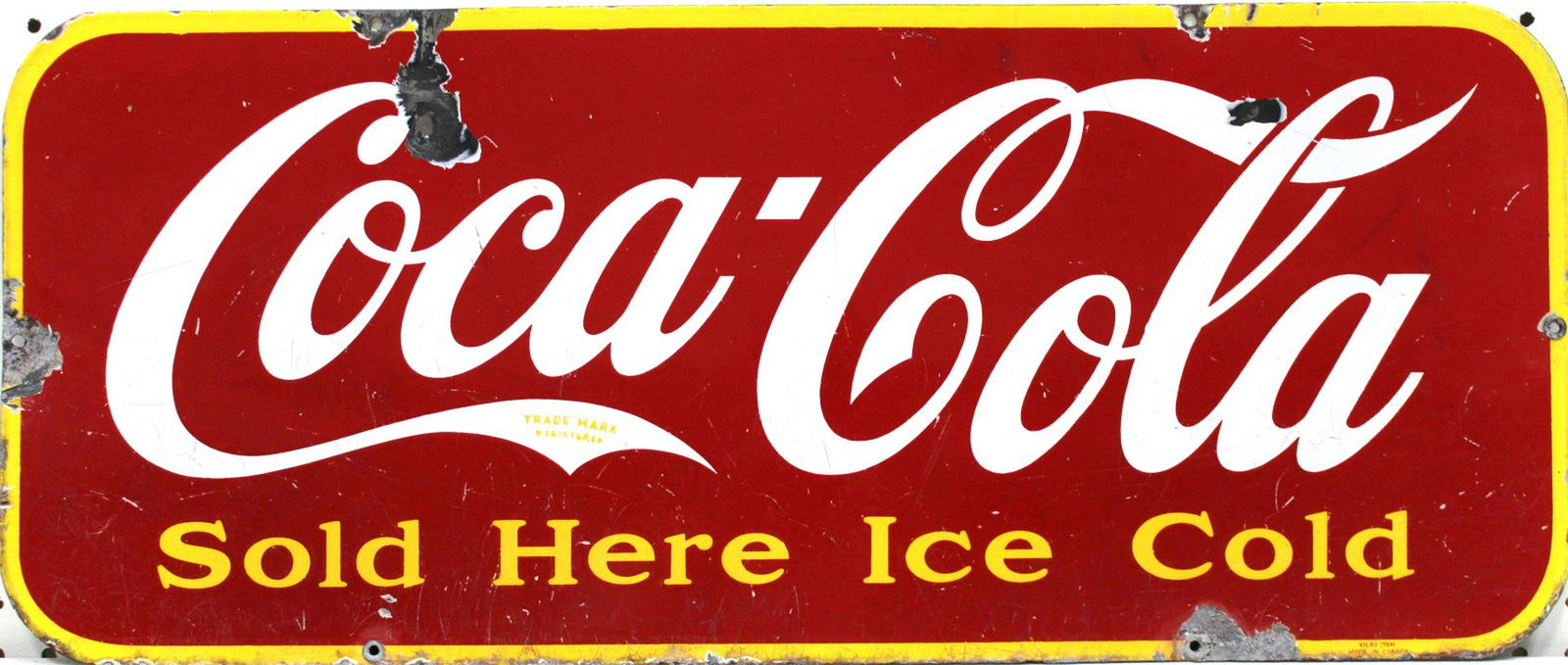 COCA-COLA PORCELAIN DOOR KICK PLATE: COCA-COLA PORCELAIN DOOR KICK PLATE -1941 Coca Cola single sided porcelain door kick plate reading "Coca Cola - Sold Here Ice Cold". Marked “VILAS (1941) MADE IN CANADA” Size: 12.25 x 29.25 in.