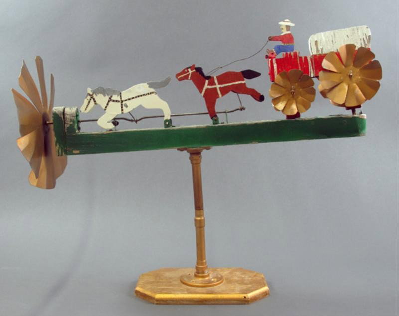 FOLK ART WHIRLIGIG: - Chuck wagon form carved and painted wind turn by and unknown artist. marked RCL at base. comes ON removable stand.
