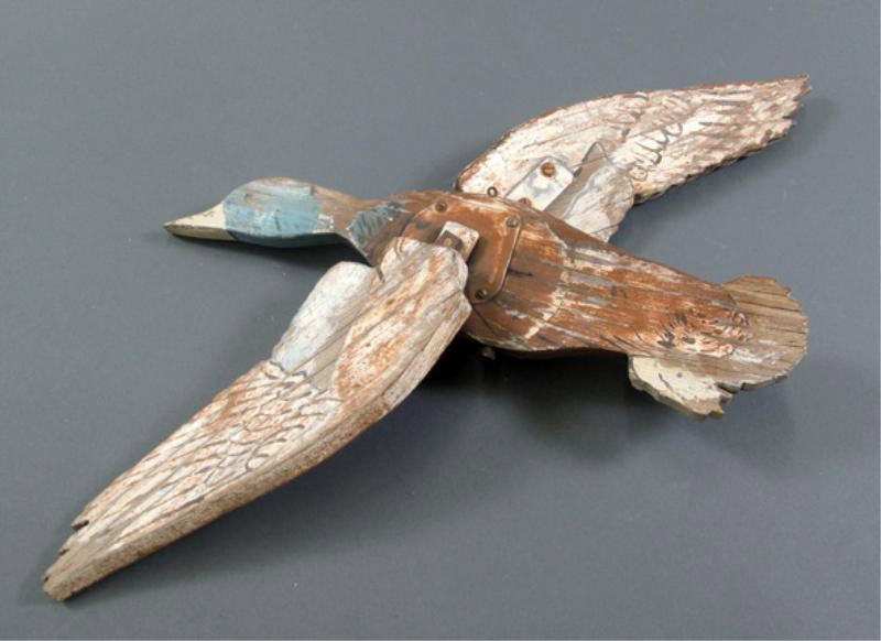 FOLK ART WHIRLIGIG: - carved and painted duck-form wind powered whirligig.