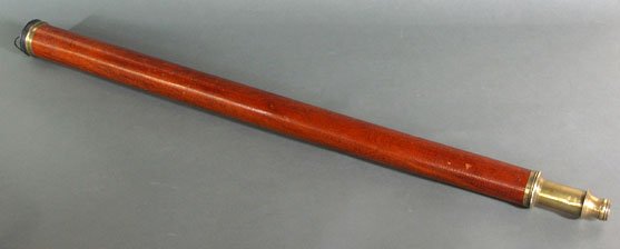 DOLLAND MAHOGANY AND BRASS DAY OR NIGHT TELESCOPE: - with tapered mahogany barrel, single, short brass draw, tapered eyecup and objective lens with sliding shade. Comes with push on lens cap. Signed Dolland, London at barrel. Late 18th / early 19th C.