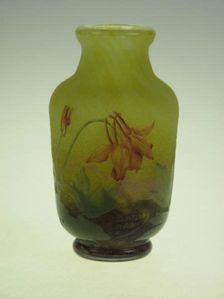 DAUM NANCY ART GLASS VASE: - circa 1910. Enamel floral and foliate spray against an acid etched frosted lemon ground. Signed. Height: 3 1/2 in. (8.9 cm)